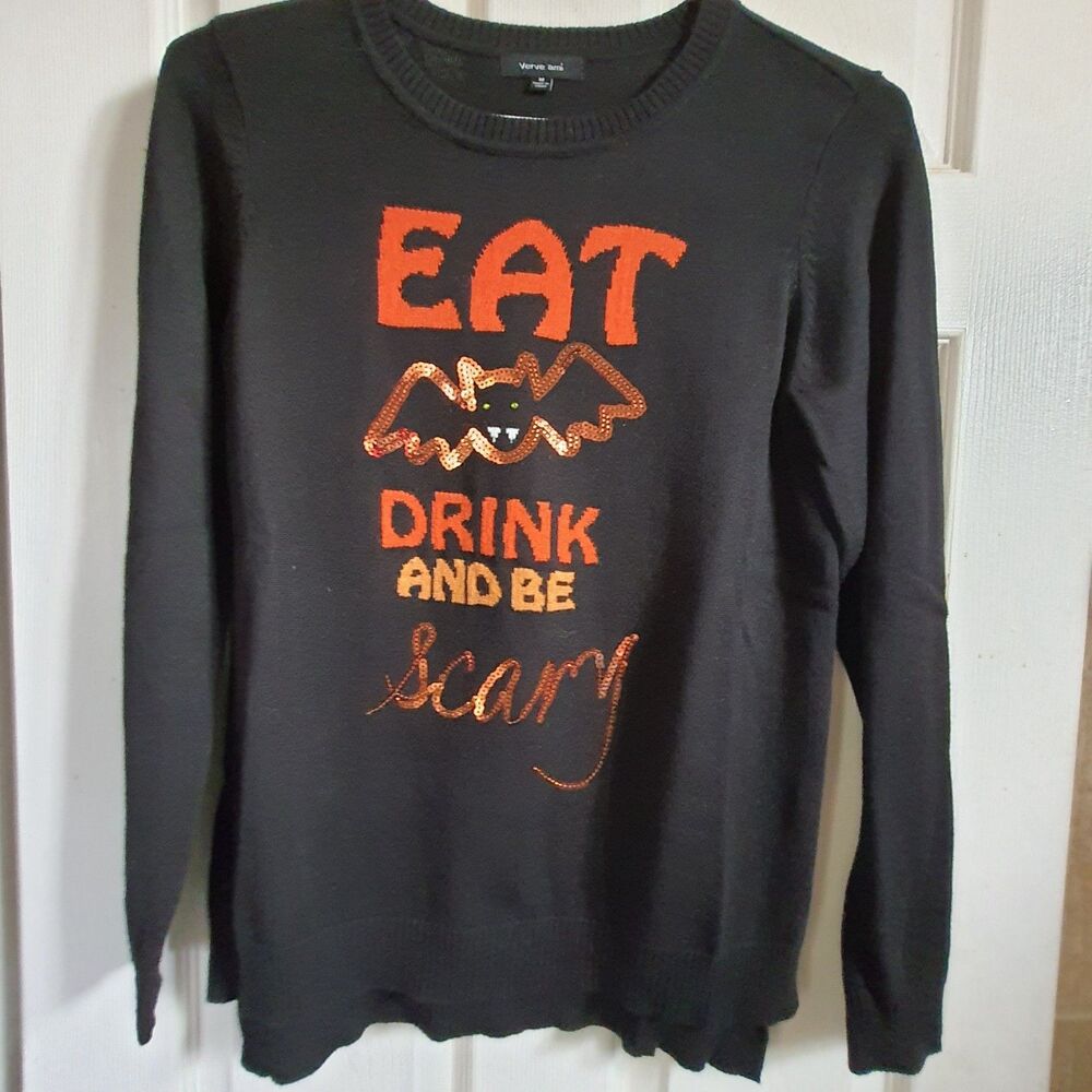 Verve Ami Women's Medium Halloween Sweater Eat Drink & Be Scary Bats